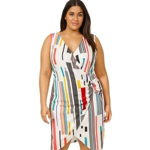 ASHRO Plus Size 20W Dress‎ Sleeveless Colorful Striped Sheath White Career 1683